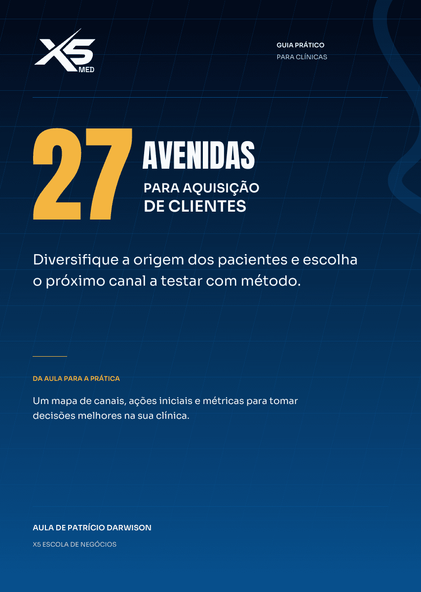 Capa do guia 27 Avenidas para Aquisição de Clientes da X5 Med